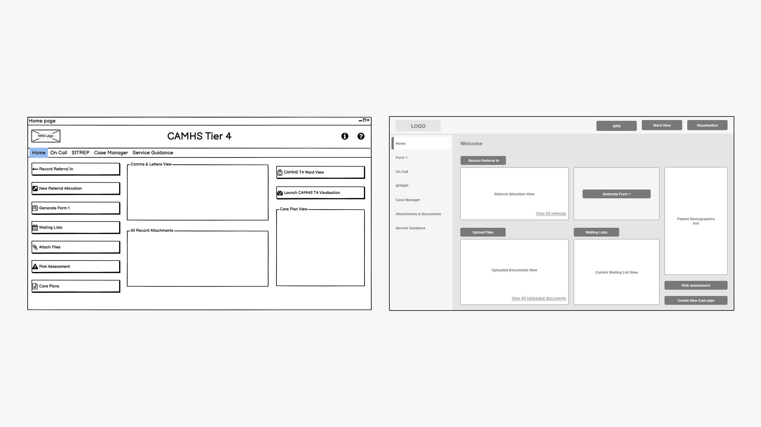 Original CAMHS homepage wireframes showing two approaches to service navigation
