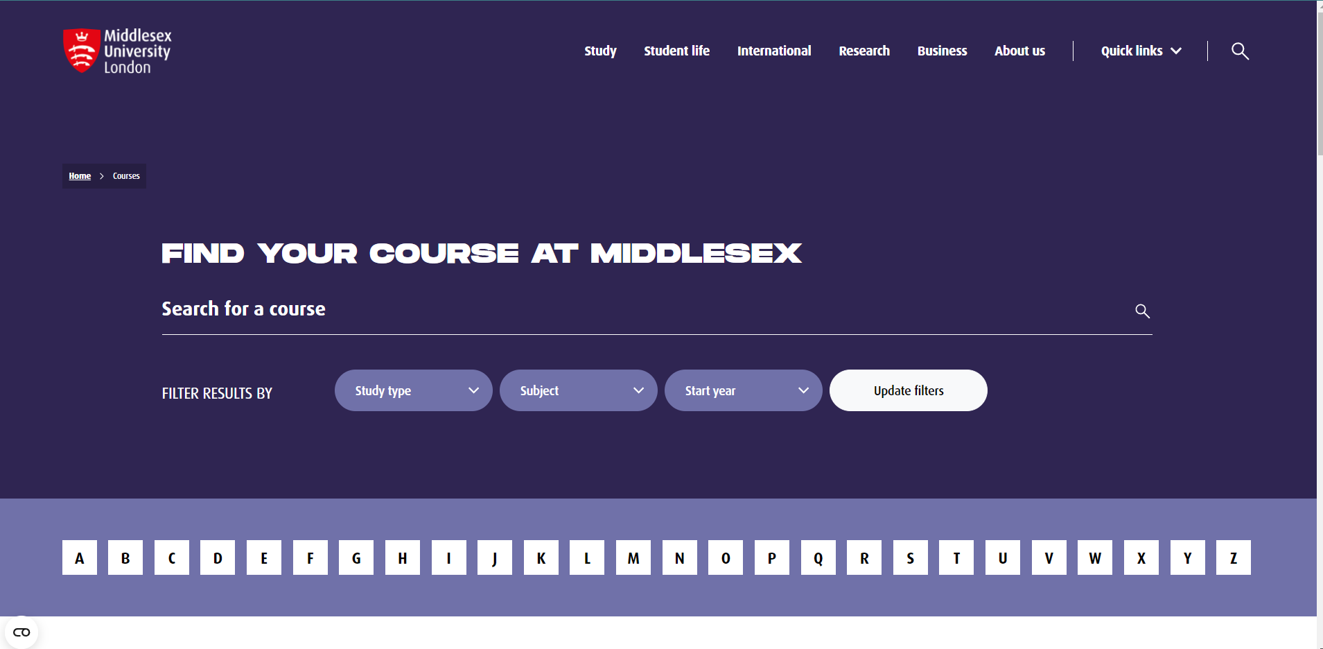 Supplied Middlesex course search screenshot
